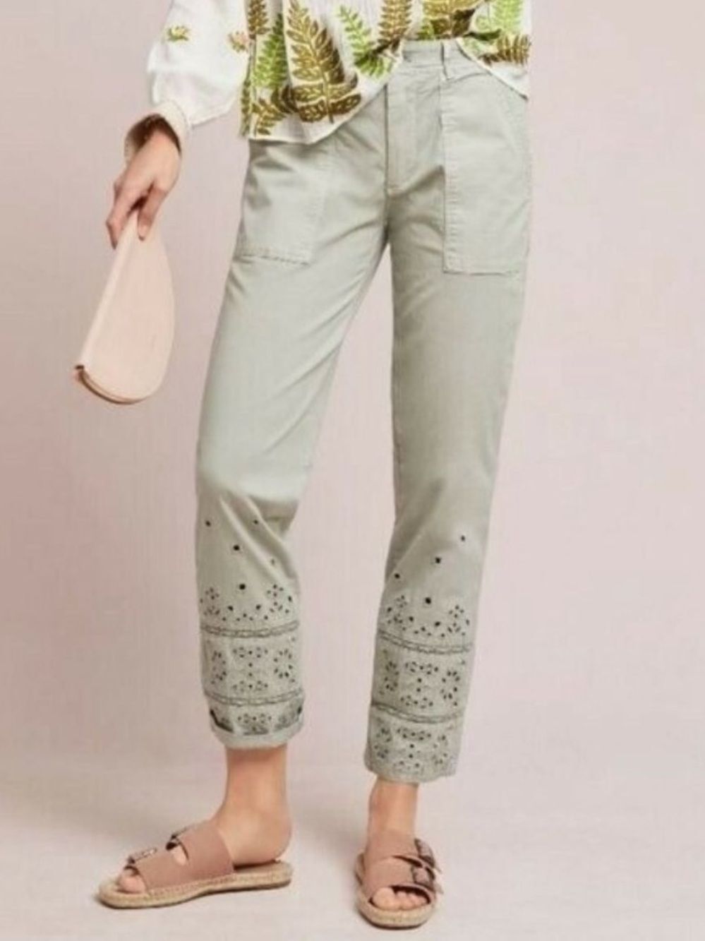 Anthropologie The Wanderer Pants Green Embroidered Womens 28 Tall